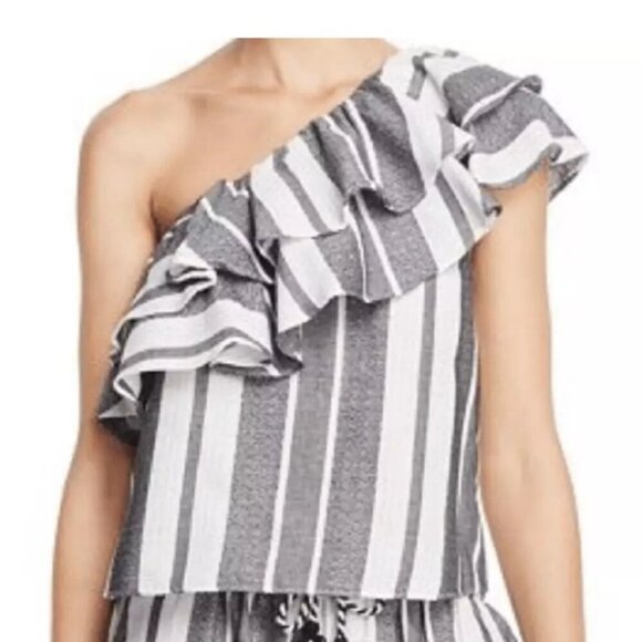 MISA LOS ANGELES TOP GRAY WHITE KLEA STRIPES RUFFLES ONE SHOULDER CHIC Sz S - Picture 2 of 10